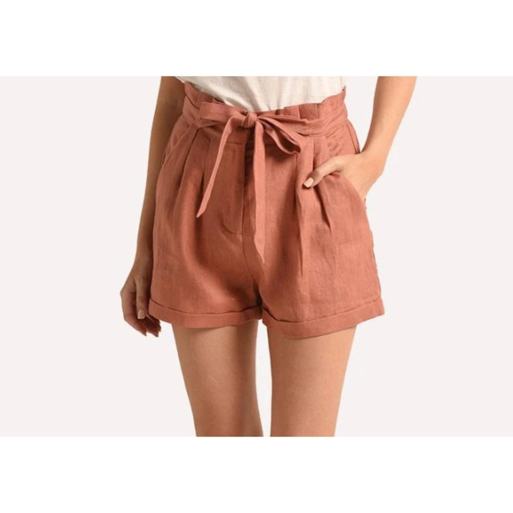Heartloom Piper Paperbag Waist Belted Linen Shorts Size M Pockets Pleated